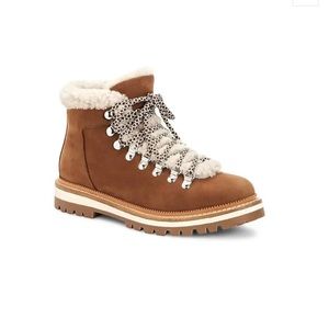 Aquatalia Hadlee Suede-Shearling Hiking Boots. Color Chestnut Natural. Size 7